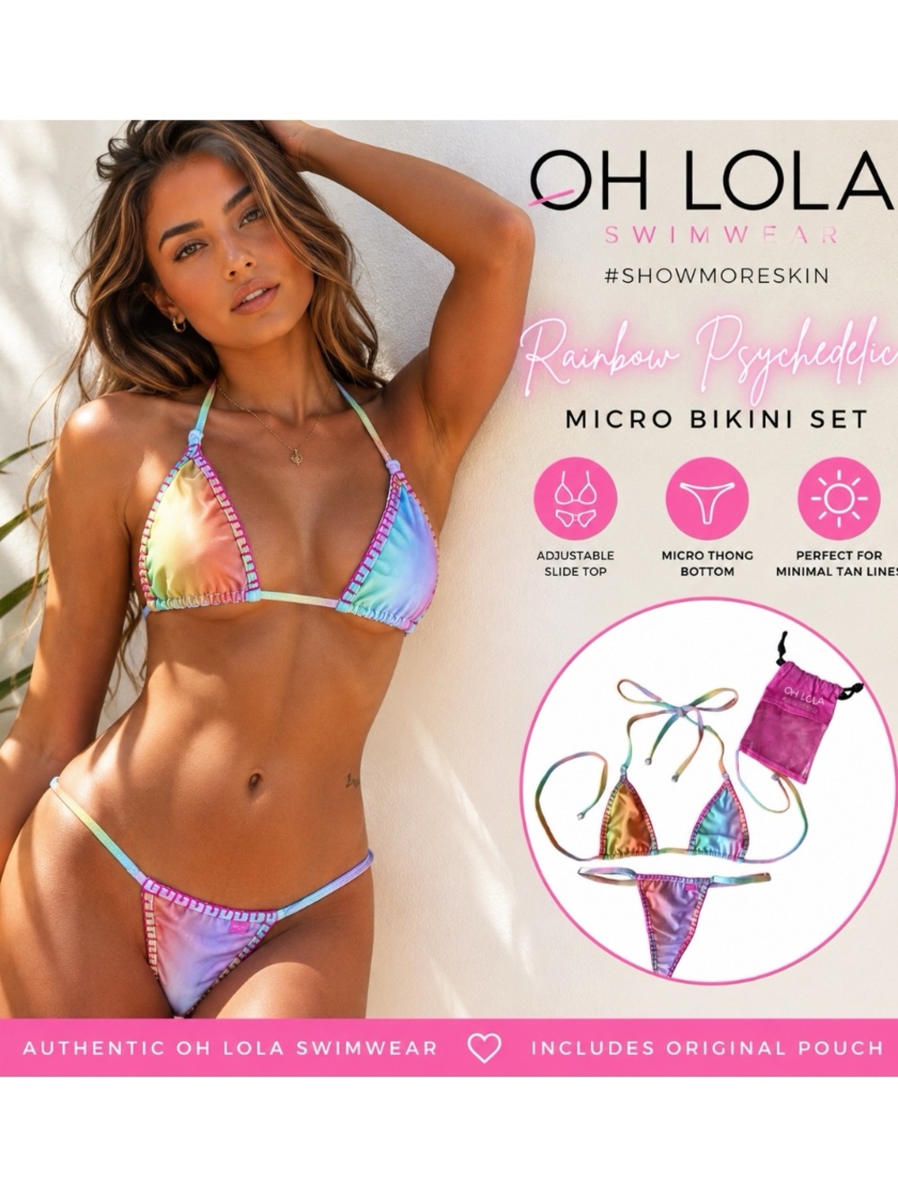 Oh Lola Swimwear Rainbow Psychedelic Micro Bikini Set w/ Original Pouch, Size S